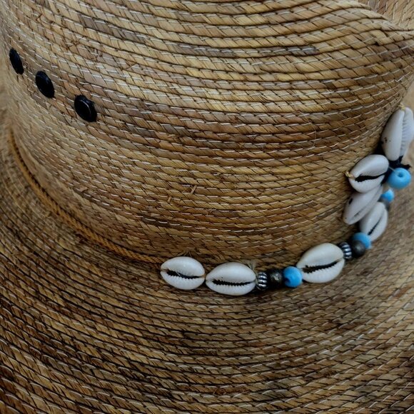 Sahuayo Palm Straw Cowboy Hat Shell Bead Band Mexico Size 7 1/8 - Picture 6 of 11